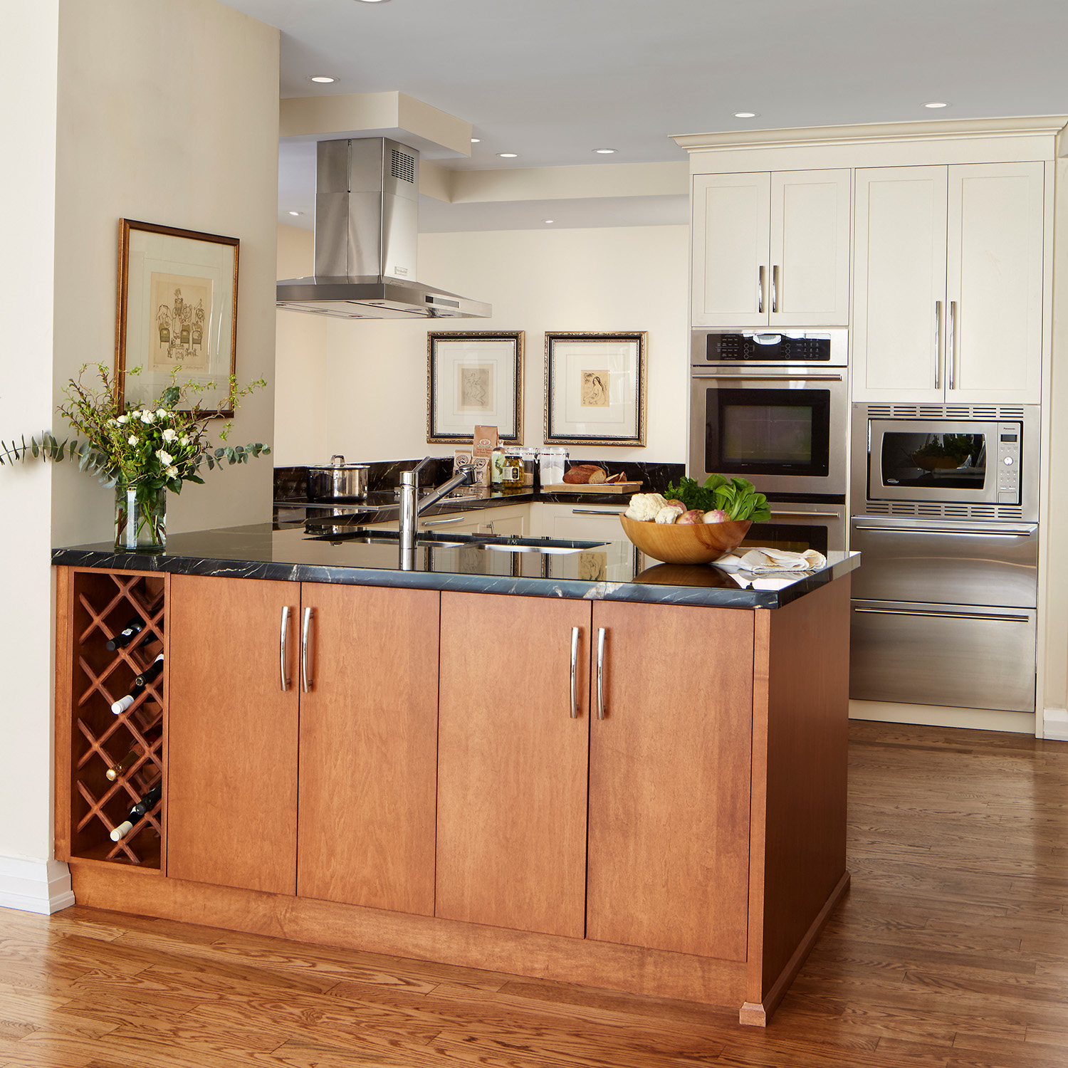 A series of photos showcasing a transitional kitchen with a mix of wood and warm off-white cabinets, and a black granite countertop.