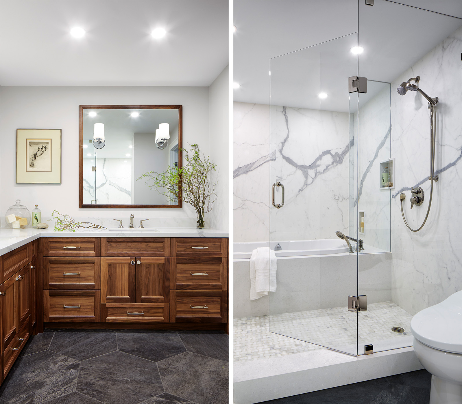 A transitional style bathroom with dark walnut cabinetry, white countertops, hexagonal dark grey floor tiles and a large shower bath wet zone.