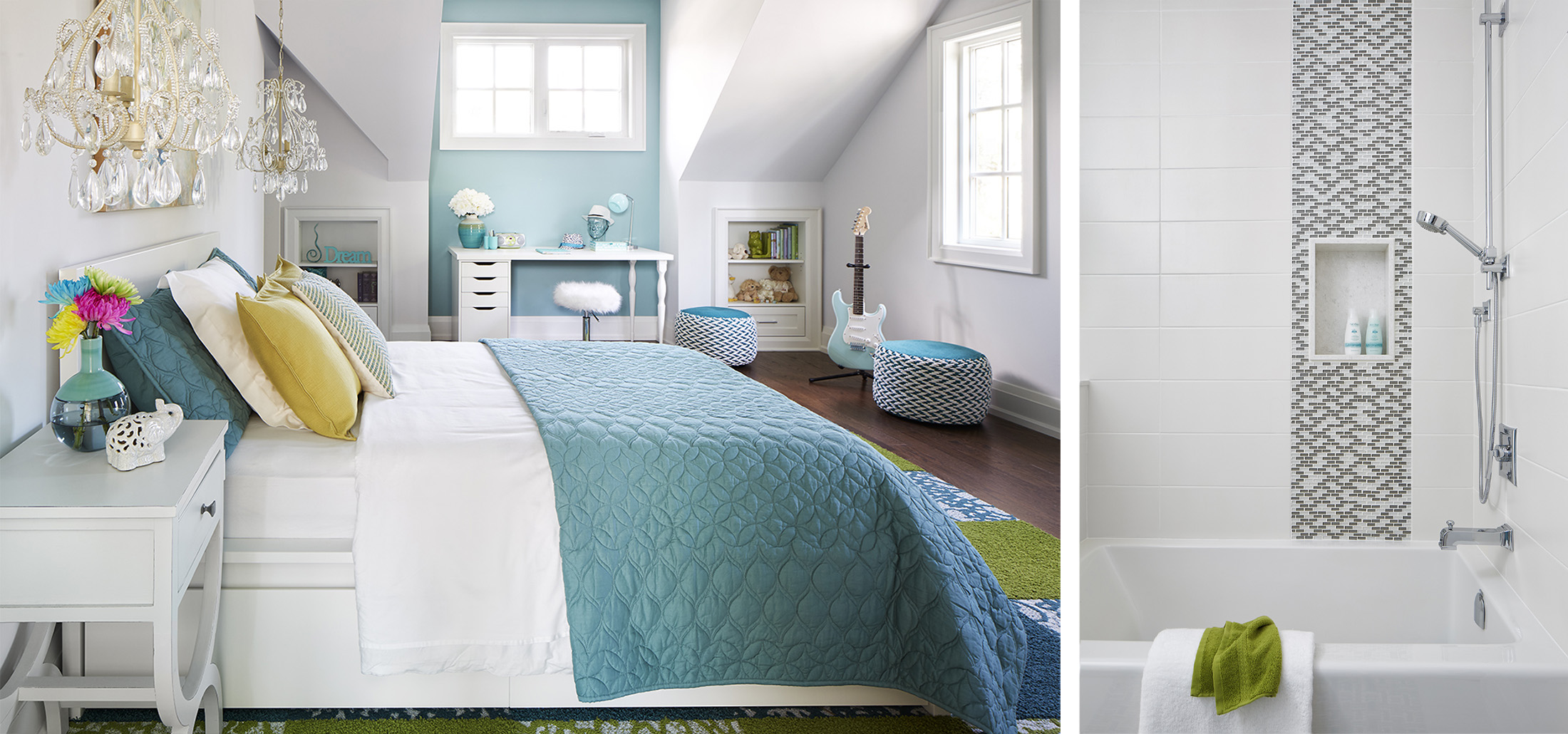 The project tween bedroom with lots of teal and green accents and crystal hanging pendants over the nightstands.