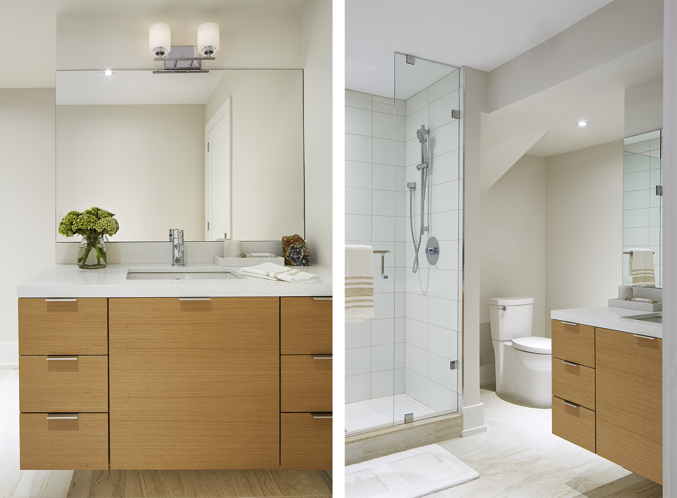 NUITH – THE GREAT GRIMSBY – BASEMENT BATHROOM DESIGNED BY CELIA ALIDA RUTTE – PHOTO BY DONNA GRIFFITH Two images of a bright, spacious, basement bathroom with a warm wood vanity, and simple light coloured tiles