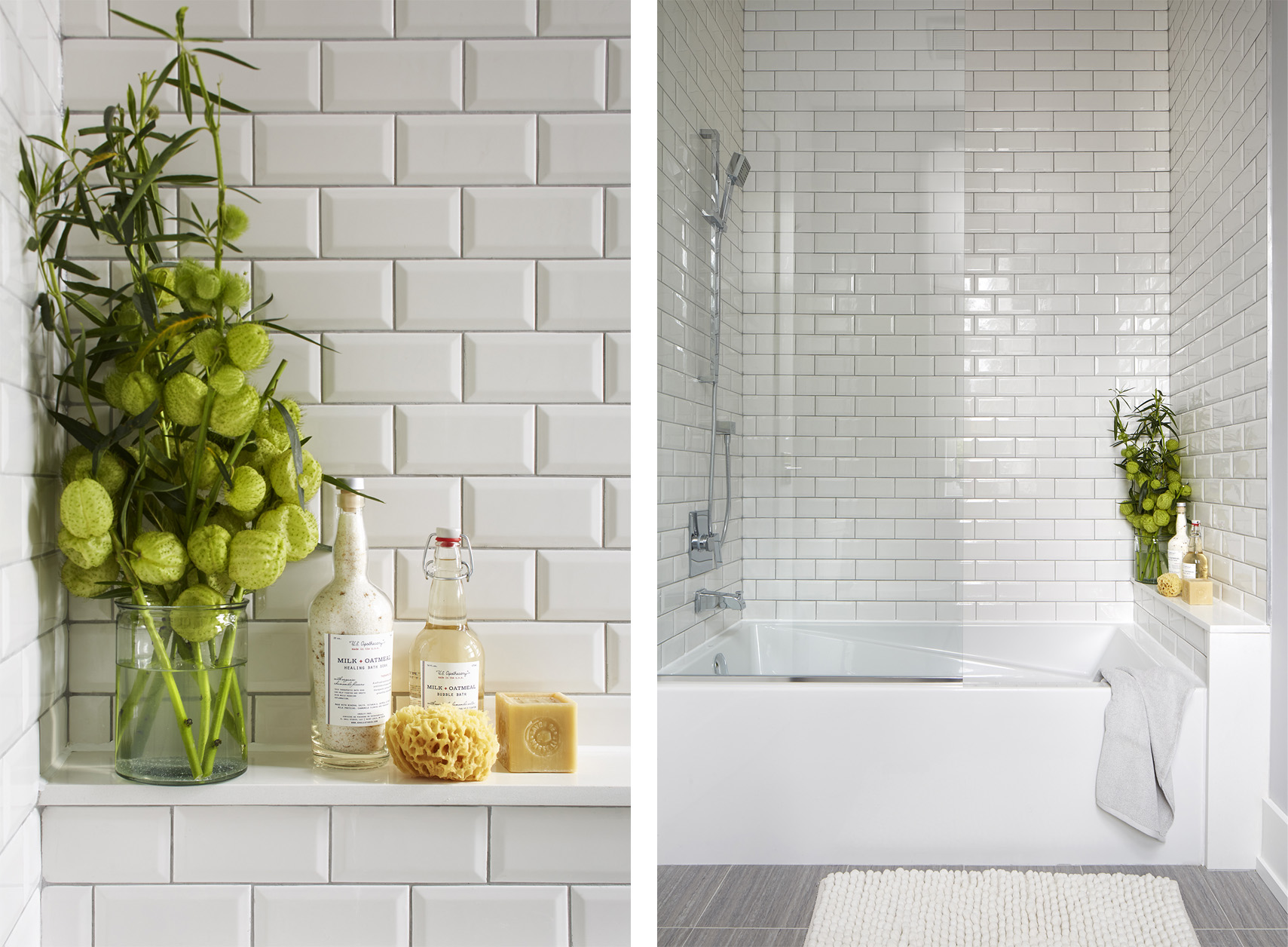 NUITH – THE GREAT GRIMSBY – BATHTUB AREA DESIGNED BY CELIA ALIDA RUTTE – PHOTO BY DONNA GRIFFITH An image on the right of a bathtub surrounded by subway tiles is paired with an image on the left zooming in on the bathtub spa décor.