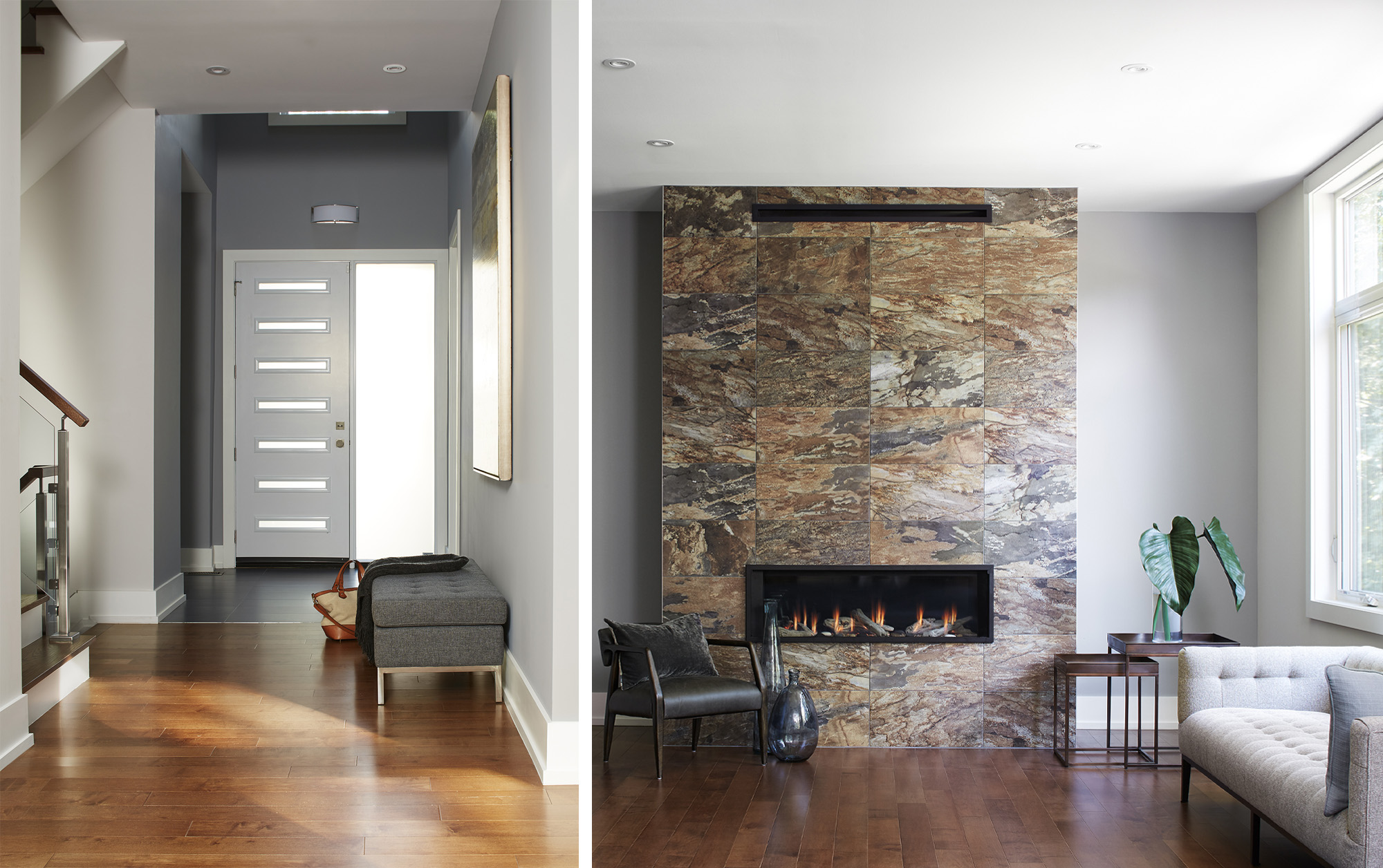 NUITH – THE GREAT GRIMSBY – FRONT ENTRY AND LIVING ROOM DESIGNED BY CELIA ALIDA RUTTE – PHOTO BY DONNA GRIFFITH An image of a modern front entry which compliments the design elements of a modern living room fireplace design.