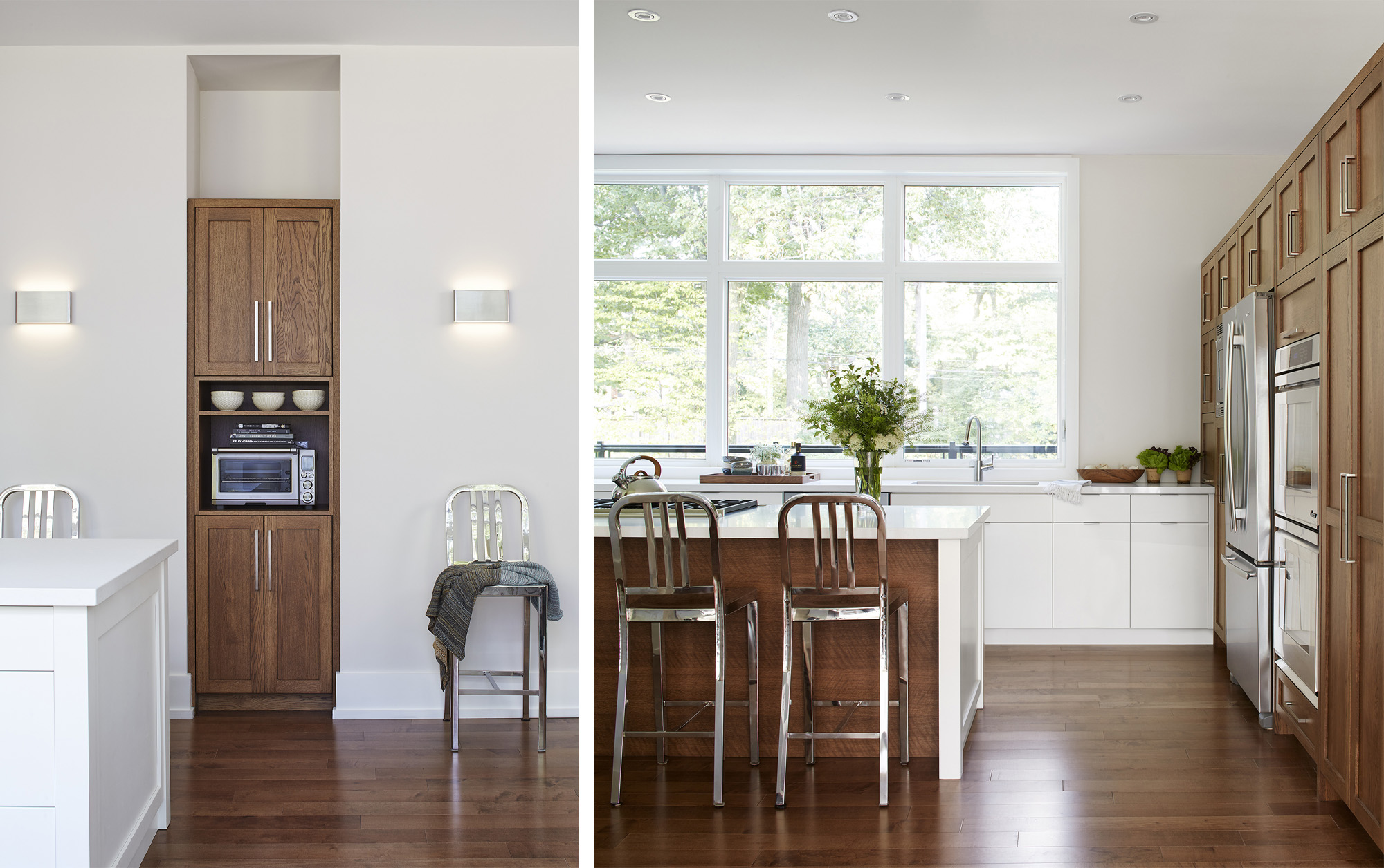 NUITH – THE GREAT GRIMSBY – KITCHEN DESIGNED BY CELIA ALIDA RUTTE – PHOTO BY DONNA GRIFFITH Two images of a modern kitchen designed with warm midtone woods, white countertops, high gloss white cabinets and a large picture window.