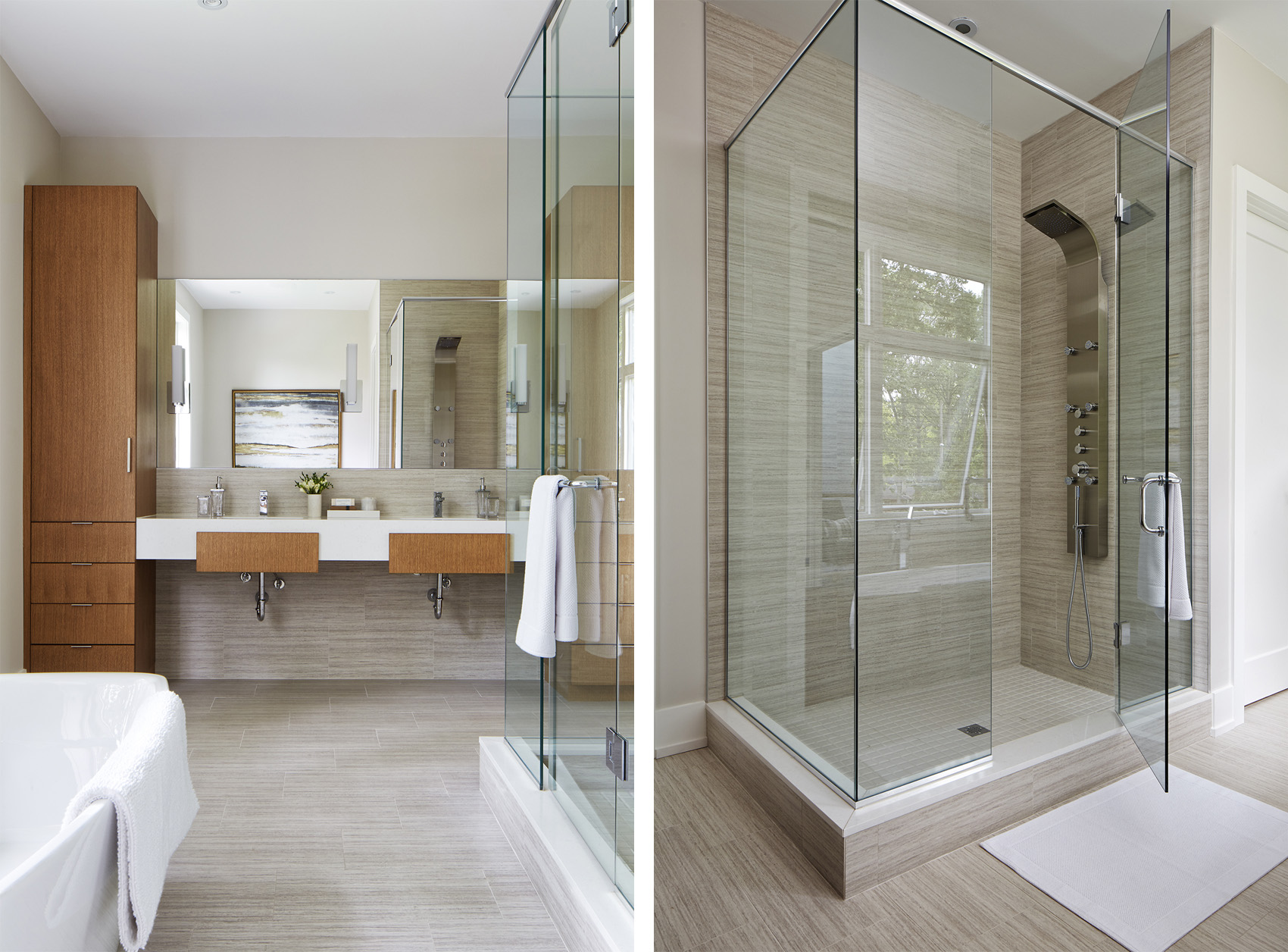 NUITH – THE GREAT GRIMSBY – PRINCIPAL ENSUITE BATHROOM DESIGNED BY CELIA ALIDA RUTTE – PHOTO BY DONNA GRIFFITH The left side image is of a large double sink vanity with open exposed drain pipes, and two tall linen cabinets on either side; and the right side image is of a large shower with two sided glass and modern plumbing fixtures.