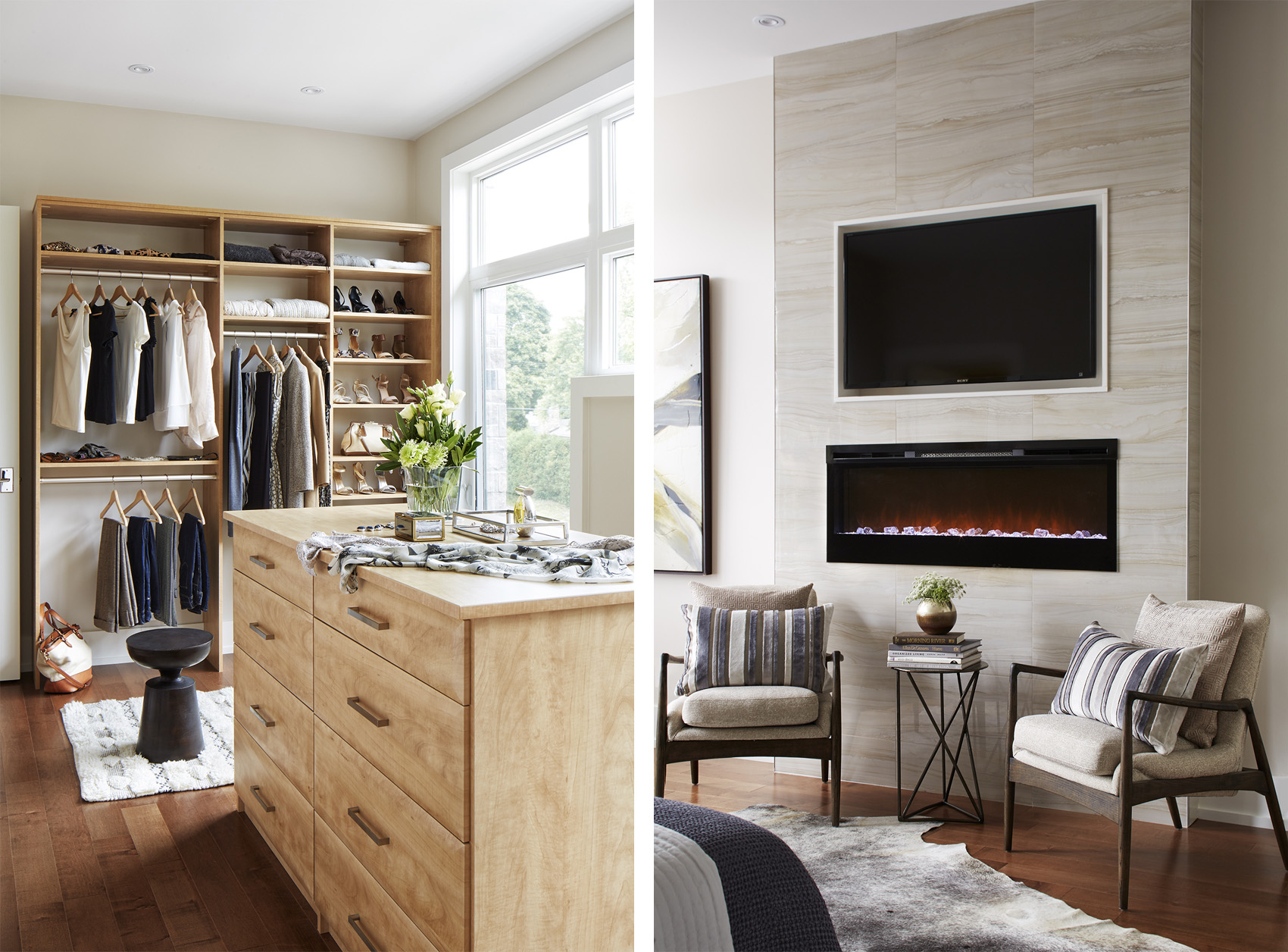 NUITH – THE GREAT GRIMSBY – WALK IN CLOSET AND PRINCIPAL BEDROOM DESIGNED BY CELIA ALIDA RUTTE – PHOTO BY DONNA GRIFFITH The left side image of a walk in closet with light wood cabinetry coordinates well with the right side image of a principal bedroom fireplace design in neutral colours.