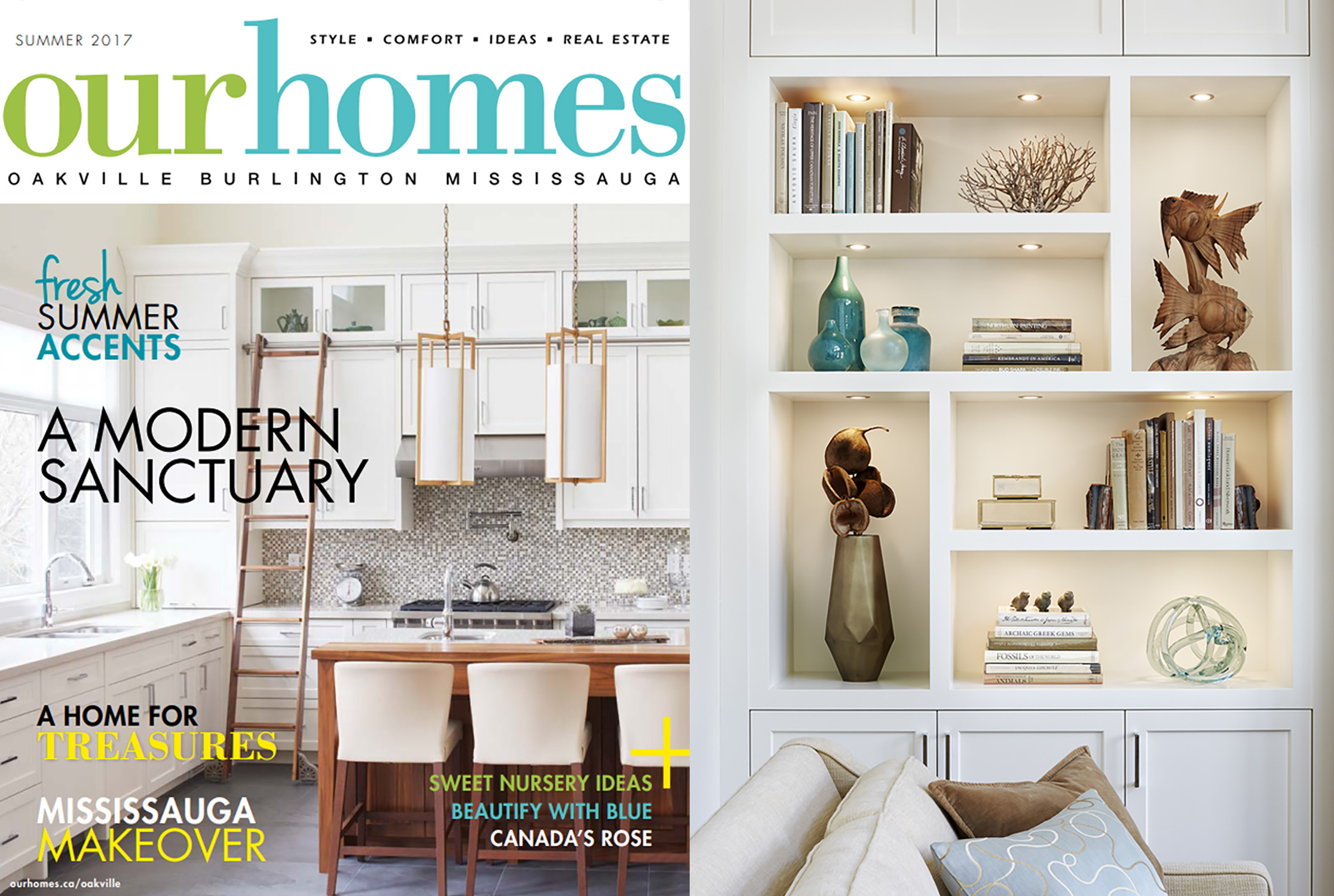 Two images side by side; left side image is an Our Homes Cover showcasing the project kitchen; right side image is a beautifully decorated bookcase from the project living room.