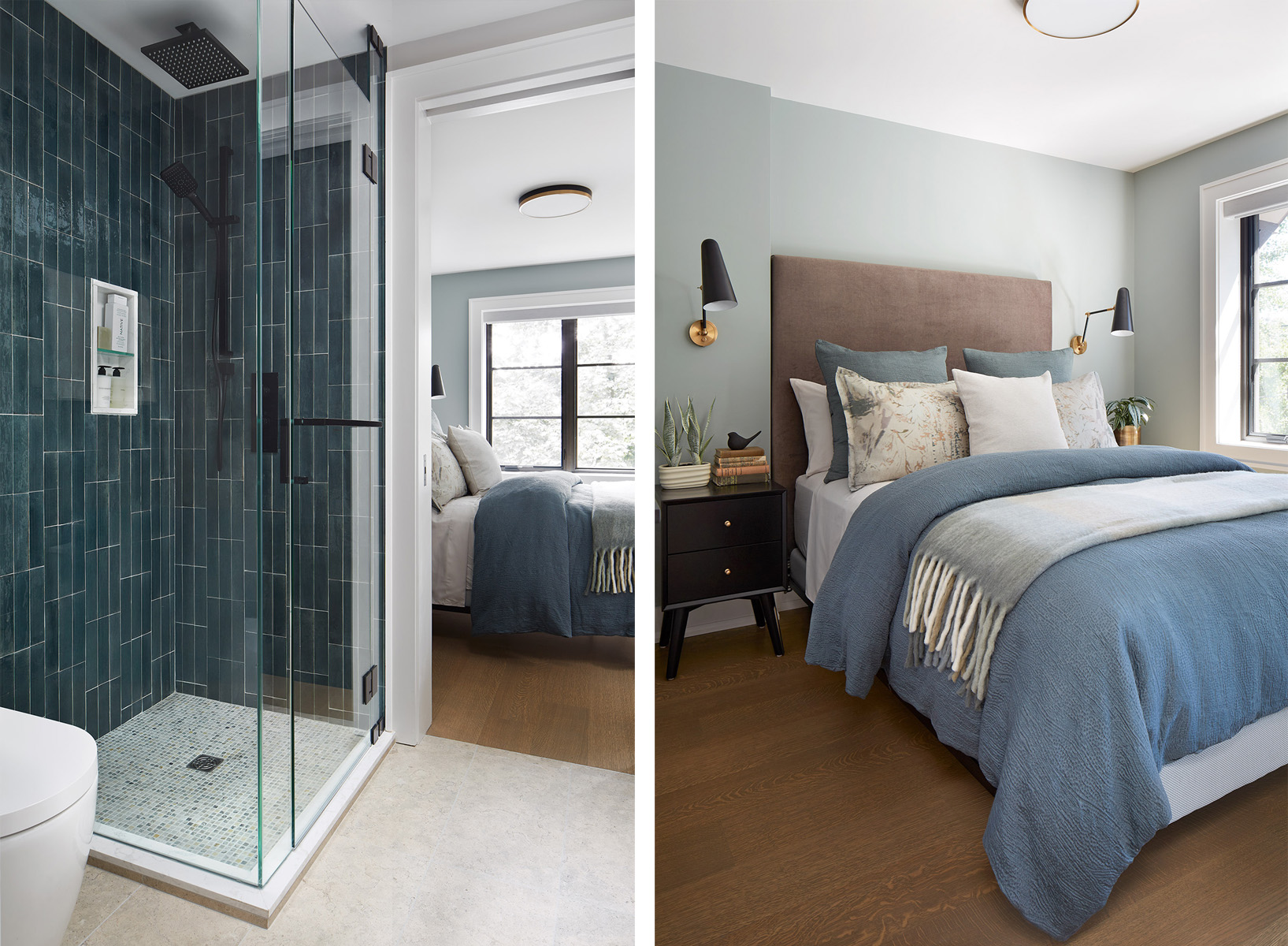 NUITH – ENLIGHTENED BY A TEMPEST – GUESTROOM AND JACK AND JILL 1-2 DESIGNED BY CELIA ALIDA RUTTE – PHOTO BY DONNA GRIFFITH Two images side by side of a guestroom designed in shades of teal and brown and a jack and jill bathroom showing the corner shower with a teal coloured offset subway tile pattern.