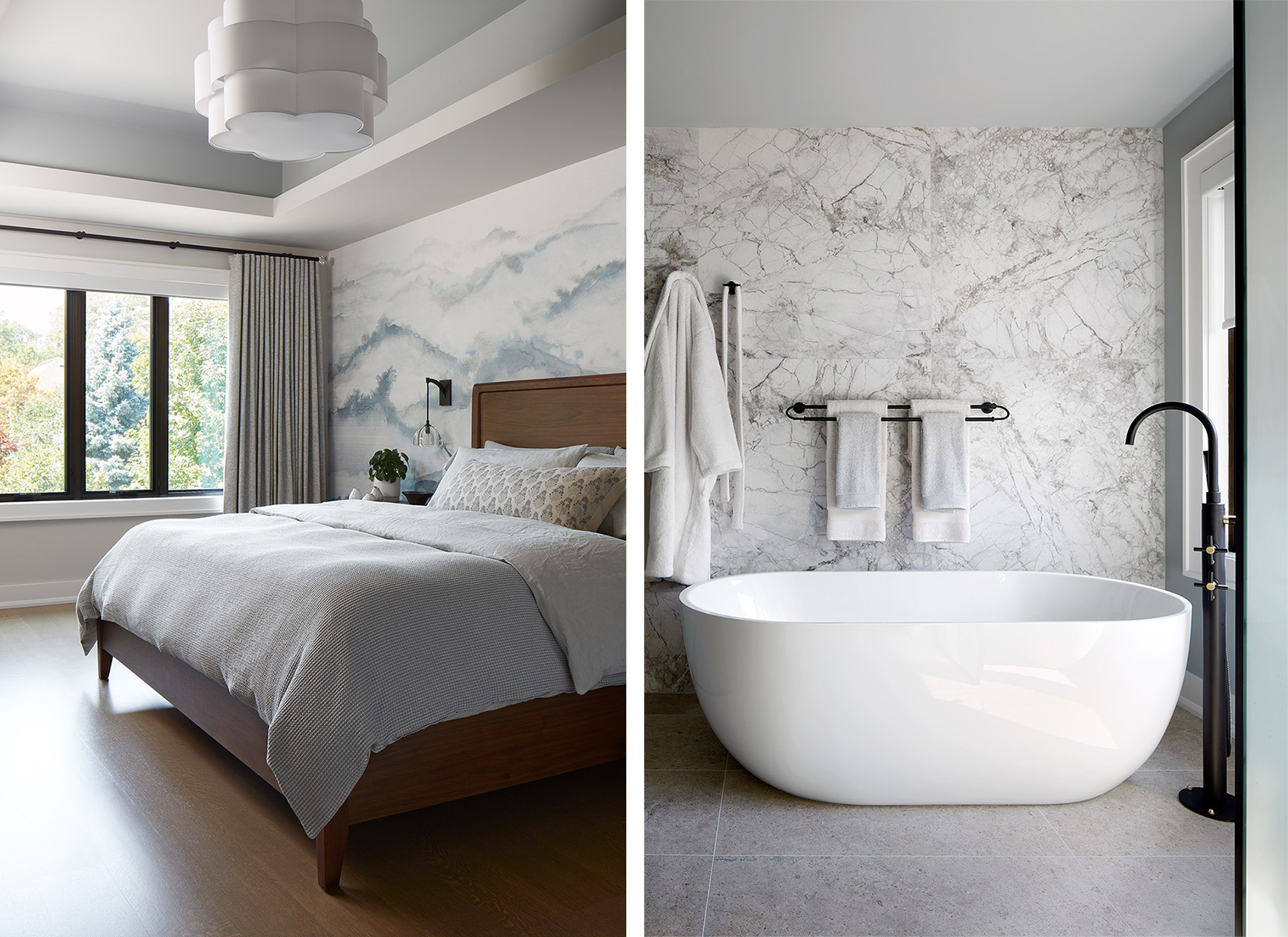 NUITH – ENLIGHTENED BY A TEMPEST – PRINCIPAL BEDROOM AND ENSUITE 1-2 DESIGNED BY CELIA ALIDA RUTTE – PHOTO BY DONNA GRIFFITH Two images side by side of a bedroom with modern abstract wallpaper, and a principal ensuite in similar colour tones showing a freestanding tub.