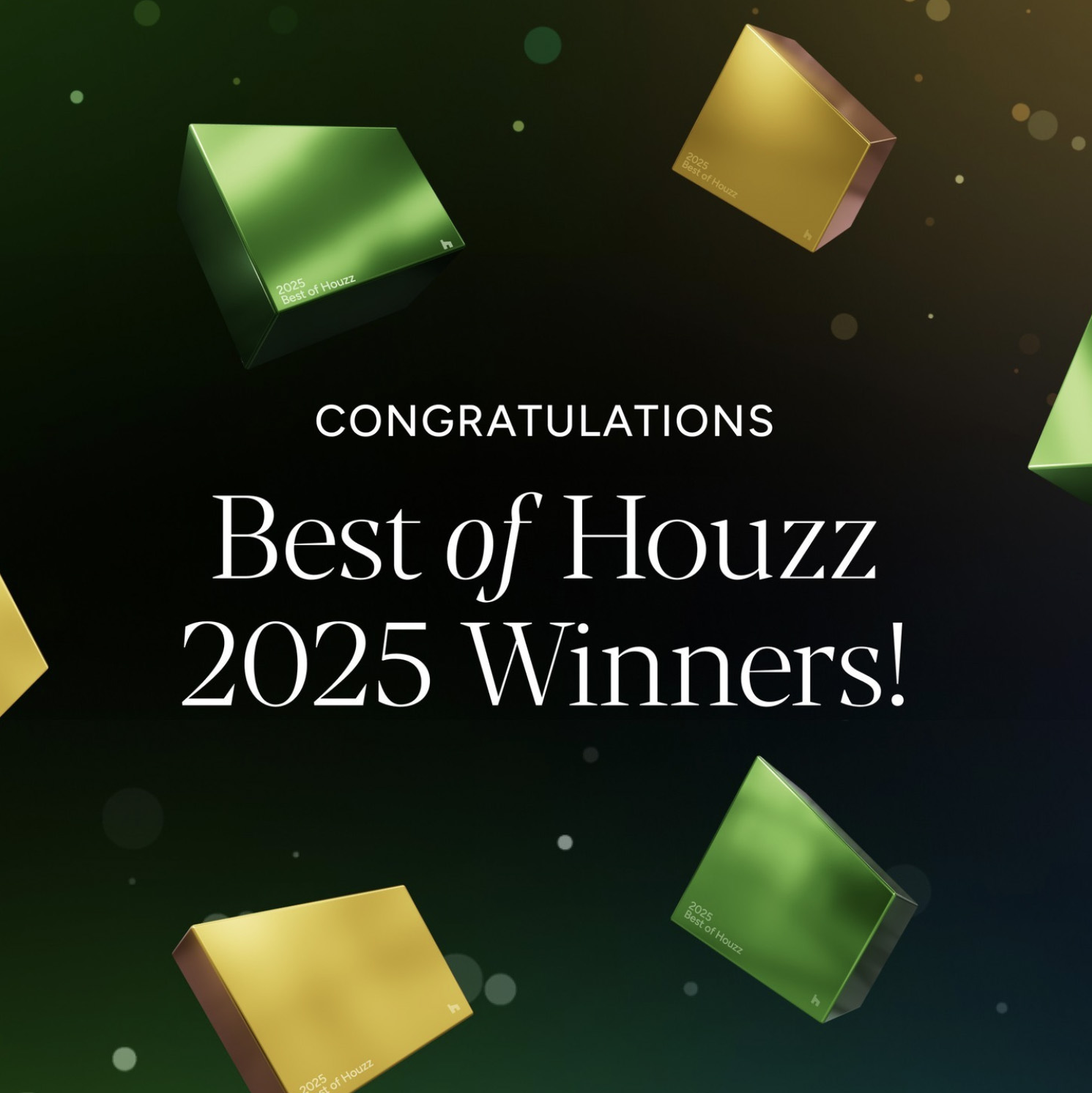 A green Best of Houzz Design badge displayed in 3D on a darker green background.